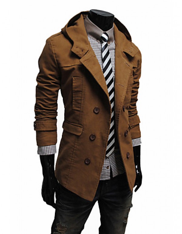 Men's Solid Casual Trench coat,Cotton Blend Long Sleeve-Black / Brown / Yellow / Tan