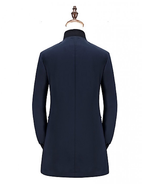 Men's Solid Casual / Formal / Plus Sizes Trench coat,Bamboo Fiber / Polyester Long Sleeve-Black / Blue