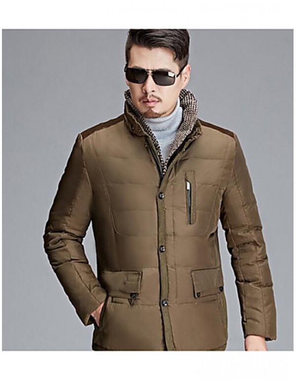 Men's Regular Down Coat,Simple Casual/Daily Solid-Polyester White Duck Down Long Sleeve Standing Collar Brown / Green