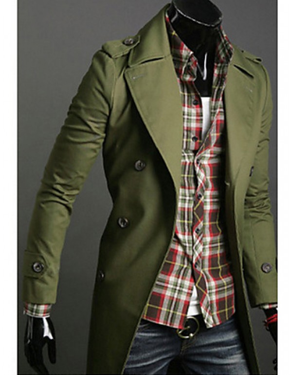 Men's Solid Casual Trench coat,Cotton Long Sleeve-Black / Green / White