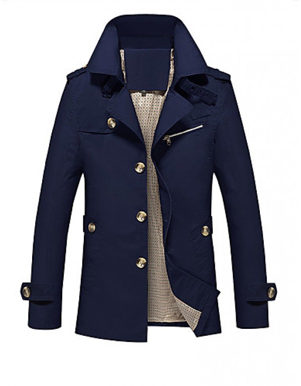 Men's Solid Casual / Plus Size Slim Fashion Trench coat Cotton Lapel Long Sleeve-Black /Blue /Green /Yellow Fall /Winter