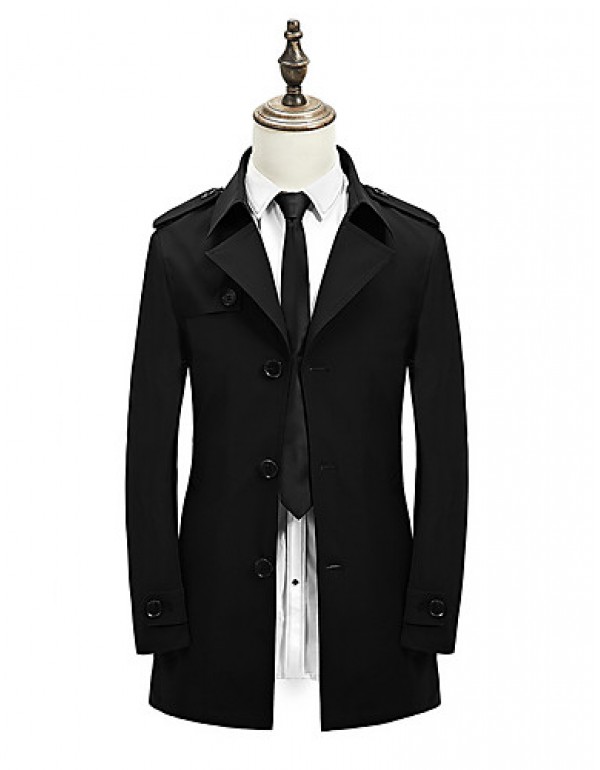 Men's Solid Casual / Formal / Plus Sizes Trench coat,Bamboo Fiber / Polyester Long Sleeve-Black / Blue / Brown