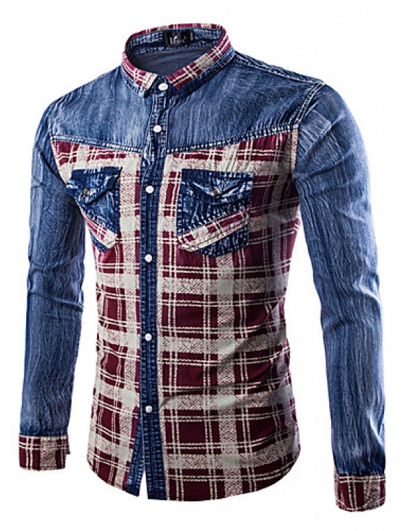 Men's Plaids & Checks Long Sleeve Top , Cotton / Denim Casual