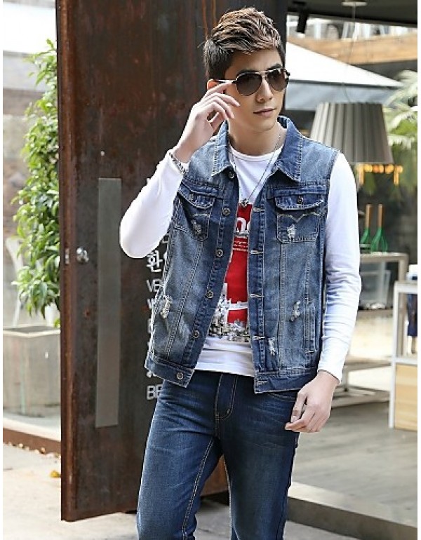 Men's Fashion Casual Solid Blue Sleeveless Jacket, Regular Denim / Jean WearFashion Blue Color All Seasons Men's Fashion Wear