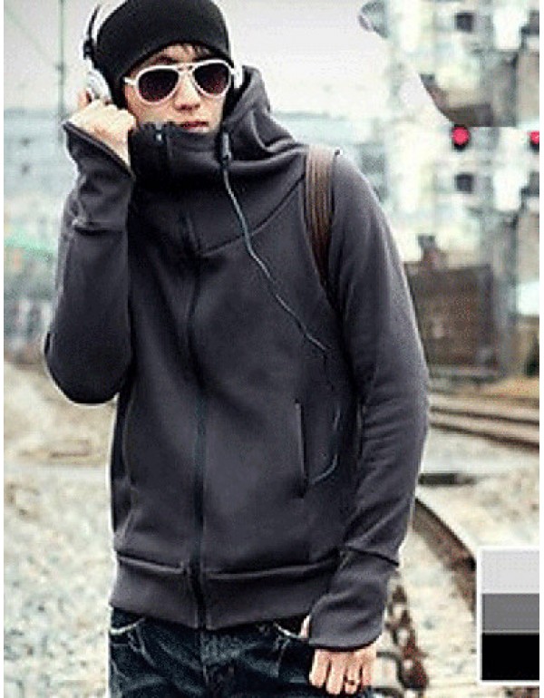 Men's Long Sleeve Hoodie & Sweatshirt,Cotton / Polyester Solid