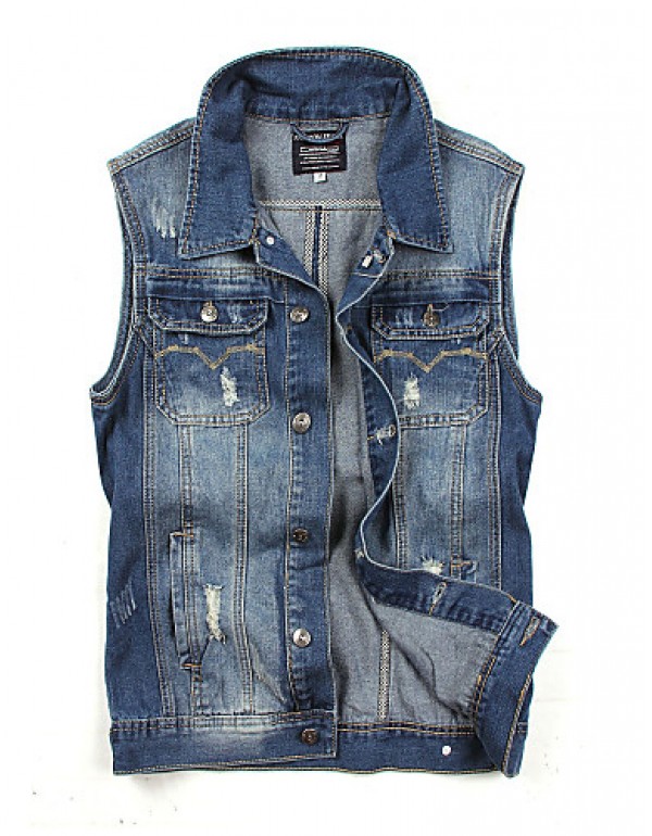 Men's Fashion Casual Solid Blue Sleeveless Jacket, Regular Denim / Jean WearFashion Blue Color All Seasons Men's Fashion Wear