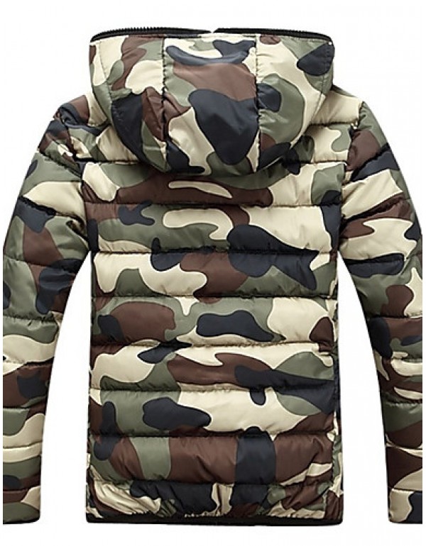 Men'sWinter Large SizeCasual Work Long Sleeve Camouflage Printed Turtleneck Zipper Cotton Warm Hooded CoatJacket