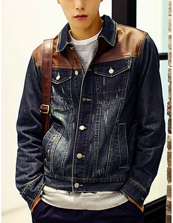 Men's Long Sleeve Casual Jacket,PU / Cotton Patchwork Blue