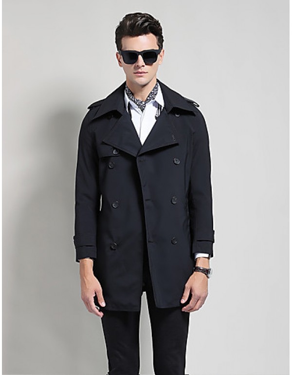 Men's Solid Casual / Work Trench coat,Cotton / Polyester Long Sleeve-Black / Blue / Brown / Yellow