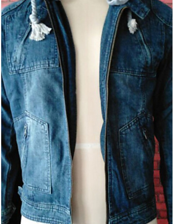 Men's Pure Long Sleeve Hooded Jacket , Denim Casual