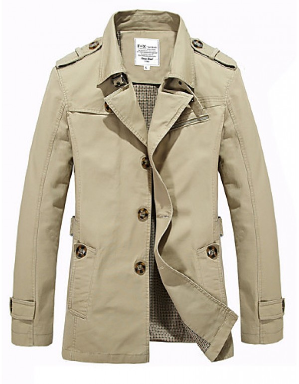 Men's Solid Casual / Work / Formal Trench coat,Cotton Long Sleeve-Black / Green / Yellow / Beige / Tan