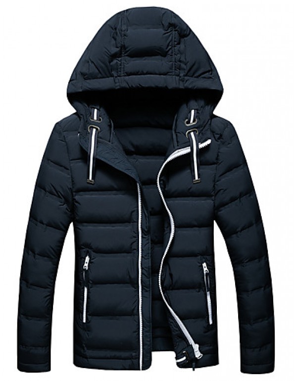 Men's Fashion Thick Hooded Down Jacket Simple Plus Size / Casual/Daily Solid-Cotton / Polyester Polypropylene Long Sleeve HoodedBlue / Black / Gray /