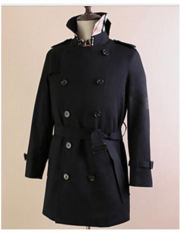 Men's Casual/Daily Simple Trench Coat,Solid Shirt Collar Long Sleeve Fall Blue / Beige / Black Cotton Medium