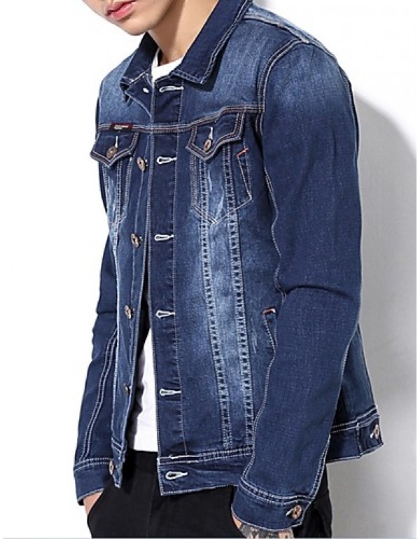 Men's Korean Slim Stretch Bleached Denim Jacket,Cotton / Polyester Solid Blue