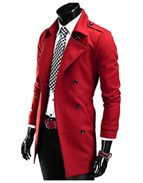 Brand Hight Quality Men's Casual/Daily Simple Trench CoatSolid Stand Long Sleeve Fall / Winter Red / Black / Gray