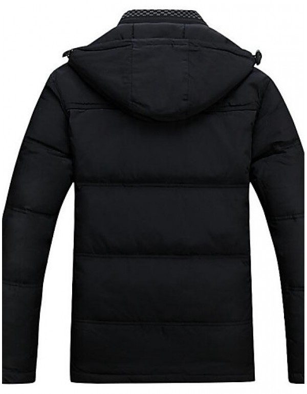 Men's Regular Down Coat,Simple Casual/Daily Solid-Polyester White Duck Down Long Sleeve Hooded Black