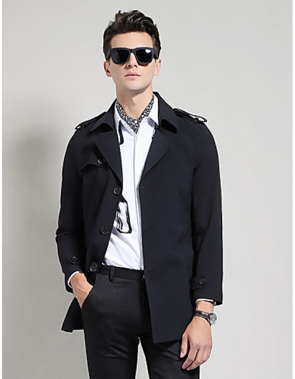 Men's Solid Casual / Work Trench coat,Polyester Long Sleeve-Black / Blue / Yellow