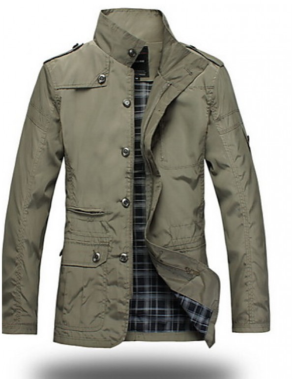 Men's Long Sleeve Regular Trench Coat , Polyester Plaids & Checks Winter Jacket