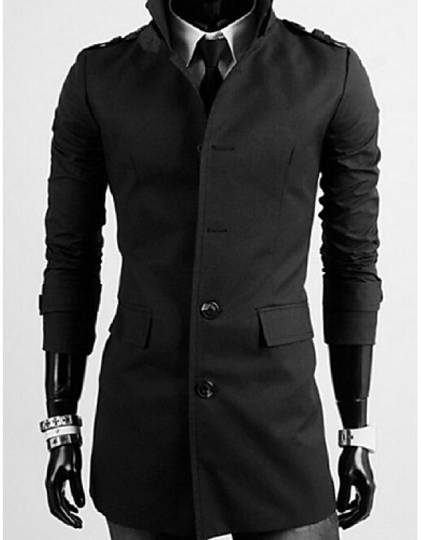 Men's Solid Casual / Work / Sport Trench coat,Cott...