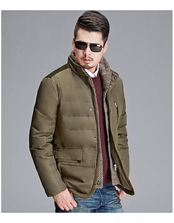 Men's Regular Down Coat,Simple Casual/Daily Solid-Polyester White Duck Down Long Sleeve Standing Collar Brown / Green