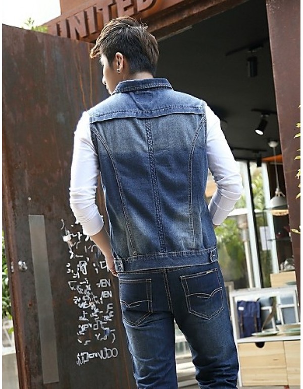 Men's Fashion Casual Solid Blue Sleeveless Jacket, Regular Denim / Jean WearFashion Blue Color All Seasons Men's Fashion Wear