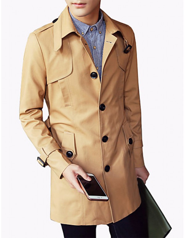 Men's Fashion Classical Solid Single-Breasted Slim Fit Mid-Long Trench;Cotton/Windbreaker/Solid