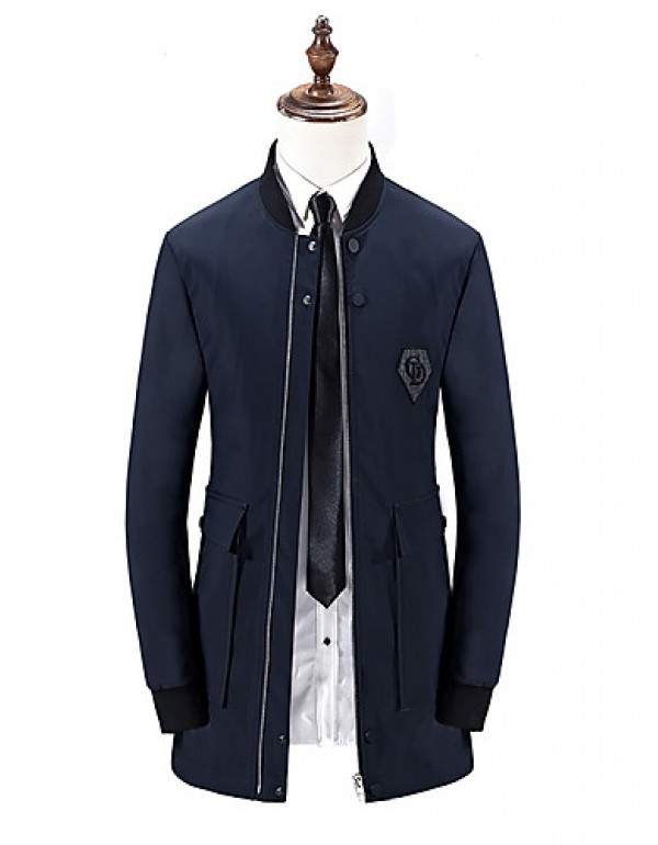 Men's Solid Casual / Formal / Plus Sizes Trench coat,Bamboo Fiber / Polyester Long Sleeve-Black / Blue