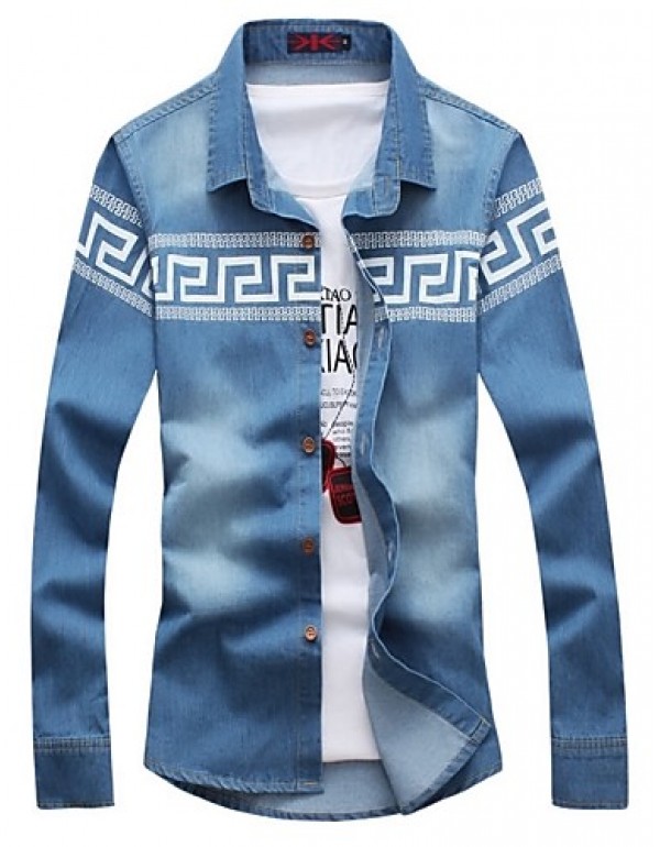 Men's Geometric Pattern Denim Shirt , Cotton / Polyester Casual / Plus Sizes