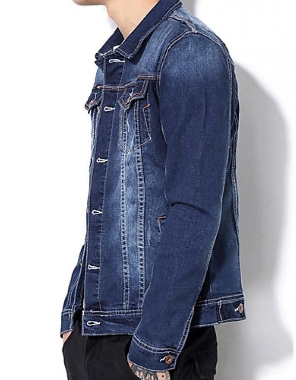 Men's Korean Slim Stretch Bleached Denim Jacket,Cotton / Polyester Solid Blue