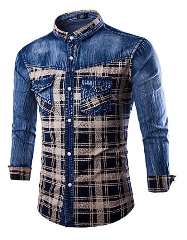 Men's Plaids & Checks Long Sleeve Top , Cotton / Denim Casual