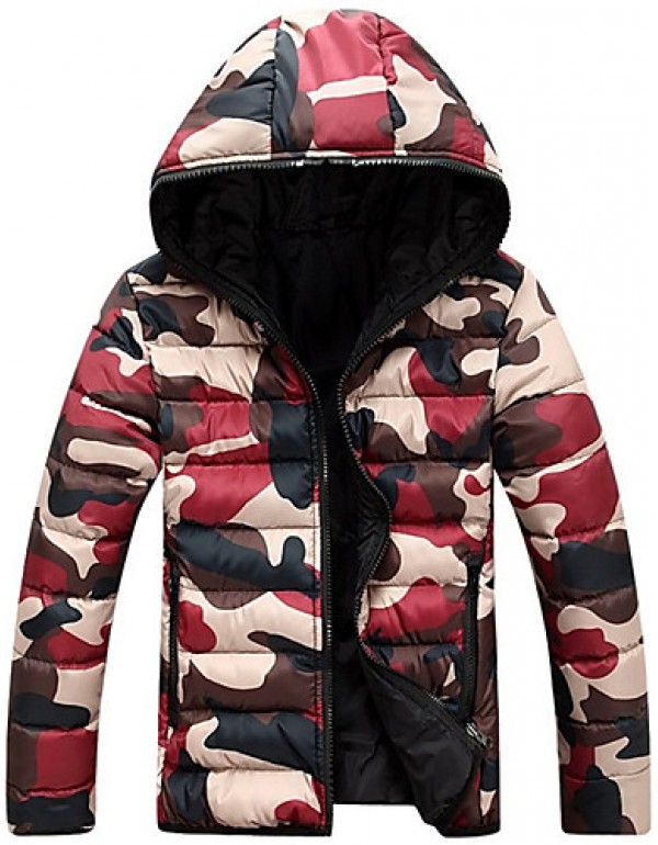 Men'sWinter Large SizeCasual Work Long Sleeve Camouflage Printed Turtleneck Zipper Cotton Warm Hooded CoatJacket