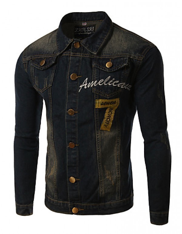 Men's Print Long Sleeve Jacket , Cotton / Denim Casual