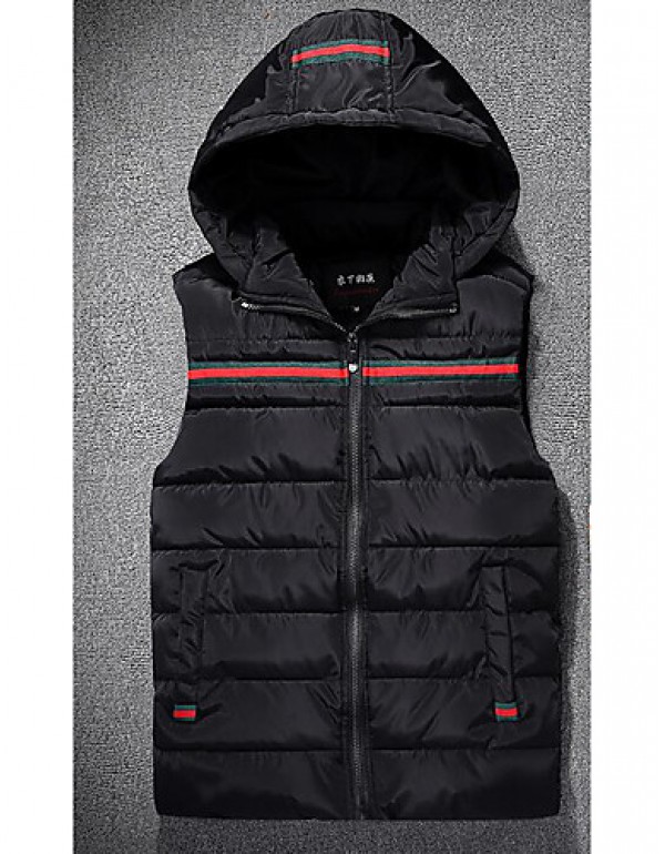 Men's Down Coat,Simple Casual/Daily Solid-Cotton Without Filling Material Sleeveless Hooded Blue / Black