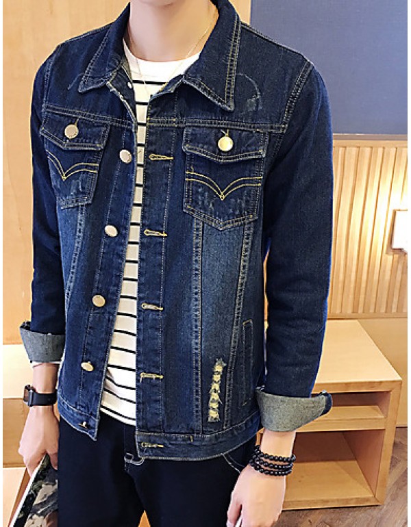 Men's Fashion Solid Broken Hole Slim Fit Casual Long Sleeve Denim Jacket,Cotton/Print/Casual/Plus Size