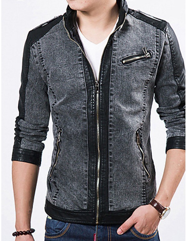 Men's Long Sleeve Casual Jacket,Polyester Solid Black / Blue